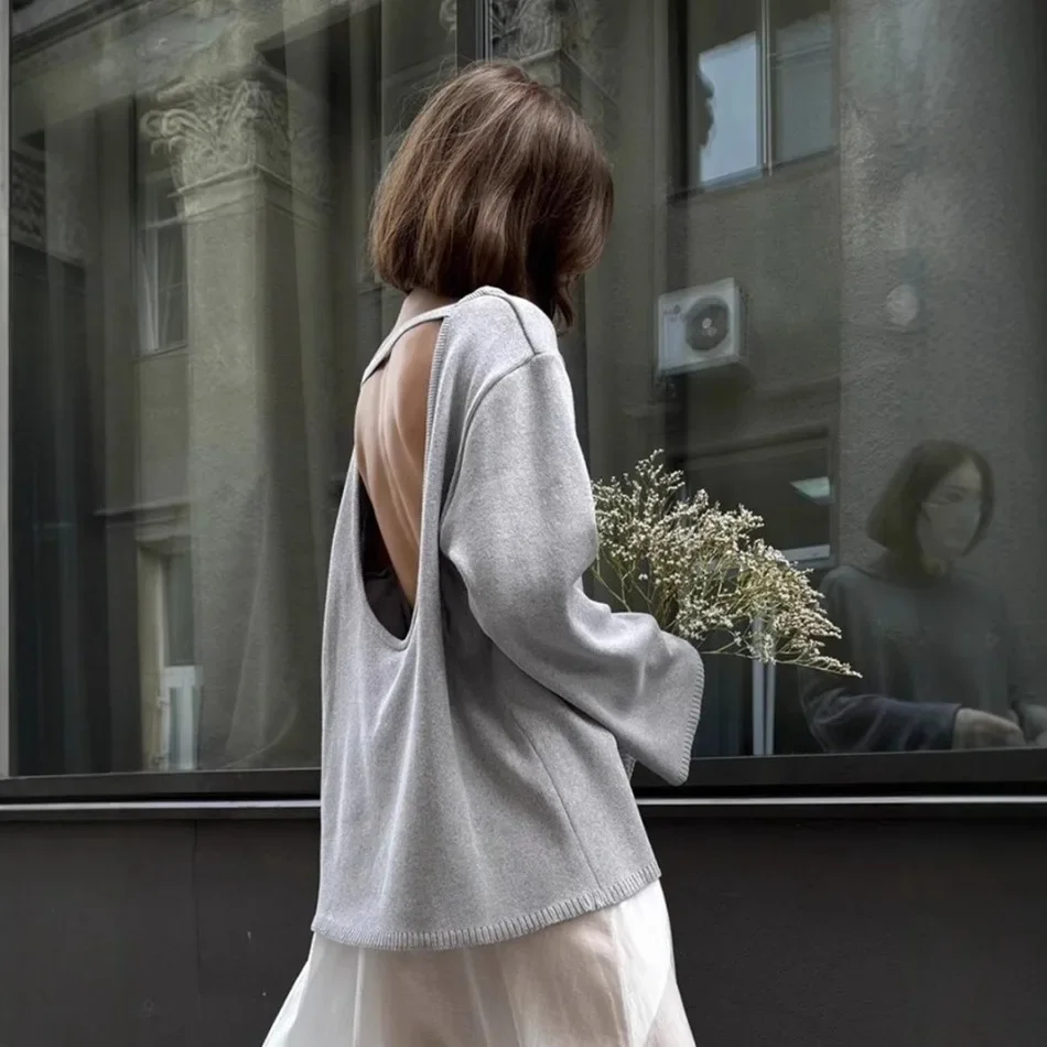 Sweater for Woman Autumn Winter New Lazy Style O Neck Knitted Sweater Fashionable Casual Loose Backless Sweaters Pullovers - Image 19