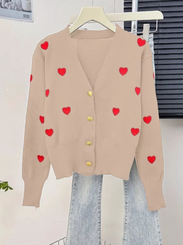 Sweater Women Knitted Coats Fashion V-neck Slim Versatile Heart Button Cardigan Autumn Office Lady Chic Long Sleeve Outerwear - Image 5