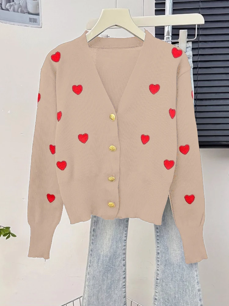 Sweater Women Knitted Coats Fashion V-neck Slim Versatile Heart Button Cardigan Autumn Office Lady Chic Long Sleeve Outerwear - Image 5