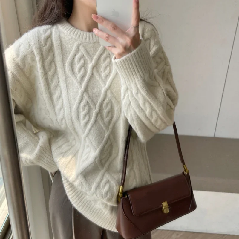 Sweater Woman Winter 2023 Round Neck Bottoming Twist Sweater Lazy Wind Loose Casual Knit Pullover Long Sleeve Pullover Jumper - Image 14