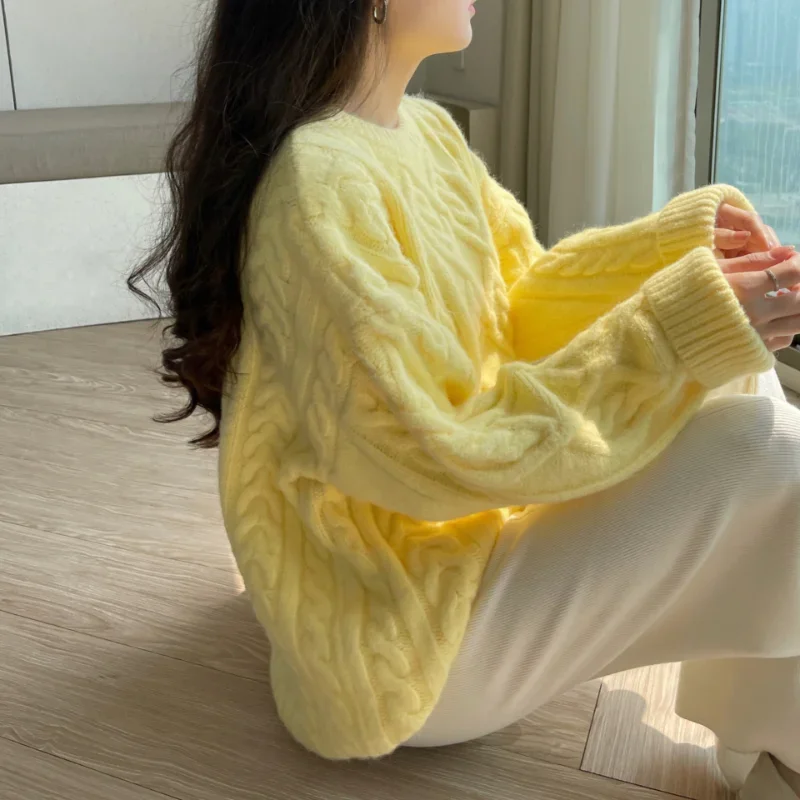 Sweater Woman Winter 2023 Round Neck Bottoming Twist Sweater Lazy Wind Loose Casual Knit Pullover Long Sleeve Pullover Jumper - Image 17