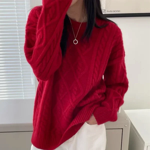 Sweater Woman Winter 2023 Round Neck Bottoming Twist Sweater Lazy Wind Loose Casual Knit Pullover Long Sleeve Pullover Jumper - Image 20