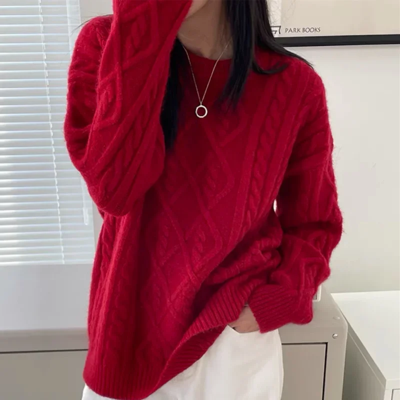 Sweater Woman Winter 2023 Round Neck Bottoming Twist Sweater Lazy Wind Loose Casual Knit Pullover Long Sleeve Pullover Jumper - Image 20