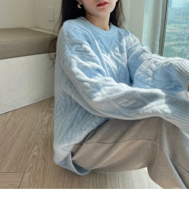 Sweater Woman Winter 2023 Round Neck Bottoming Twist Sweater Lazy Wind Loose Casual Knit Pullover Long Sleeve Pullover Jumper - Image 16