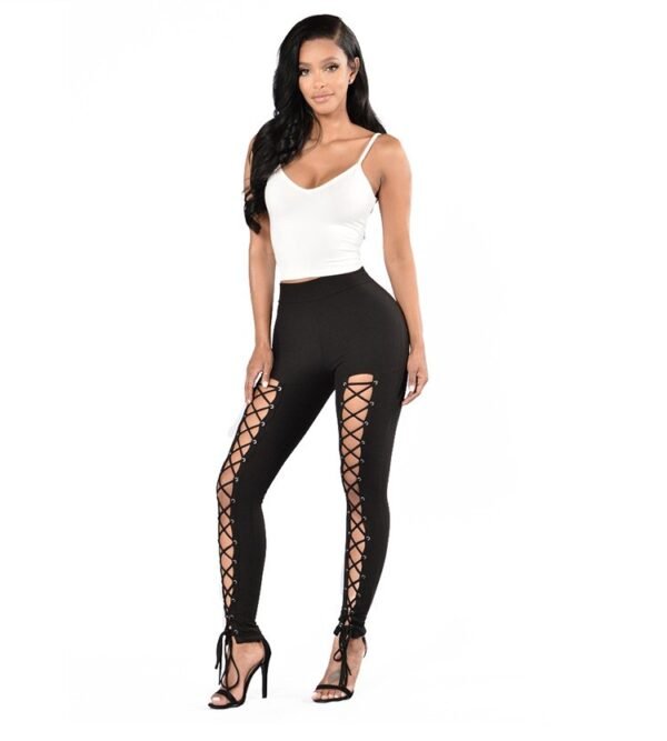 Sexy Cross-Strap High-Waist Leggings with Eyelet Detail, Stretch Polyester Blend, Solid Color Cropped Pants for Women - Perfect for Fall/Spring - Image 14