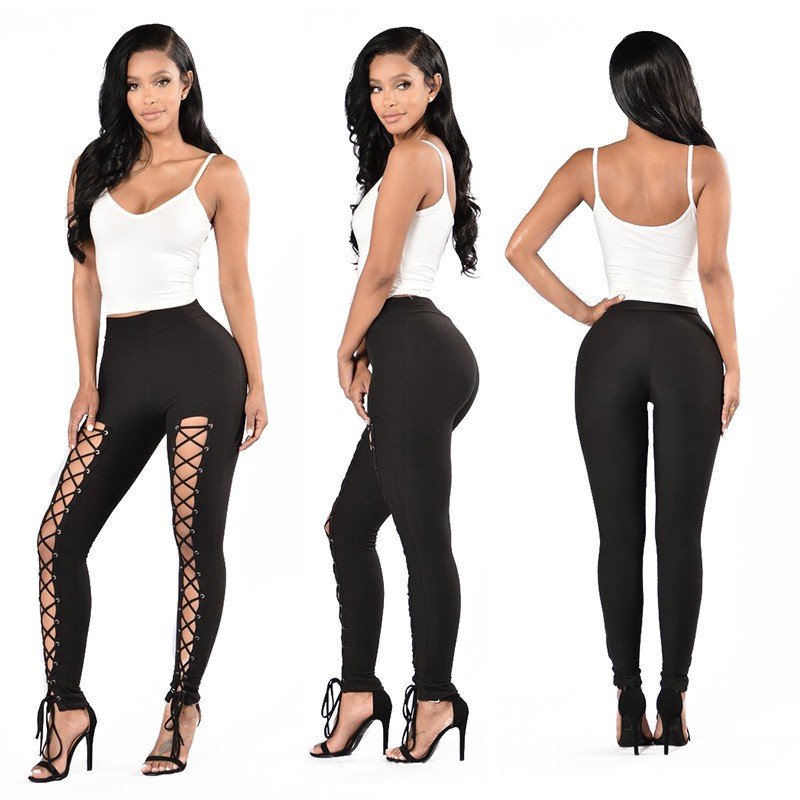 Sexy Cross-Strap High-Waist Leggings with Eyelet Detail, Stretch Polyester Blend, Solid Color Cropped Pants for Women - Perfect for Fall/Spring - Image 19