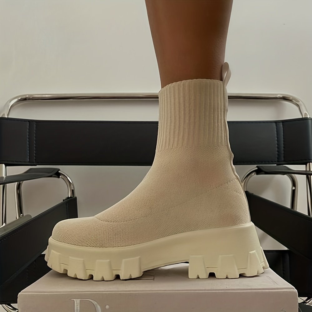 Women's Thick-soled Short Boots, Knitted Round Toe Shoes - Image 2