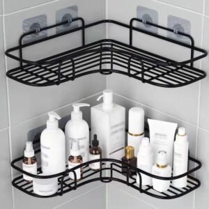 [Cast Iron Shower Shelf] 1pc Cast Iron Corner Shower Shelf - No-Drill Wall Mounted Black Wire Mesh Bathroom Storage Rack for Easy Access & Organization, Perfect for Shampoo, Conditioner, and Soap, Bathroom Storage Solution | Modern Bathroom Decor | Wet En
