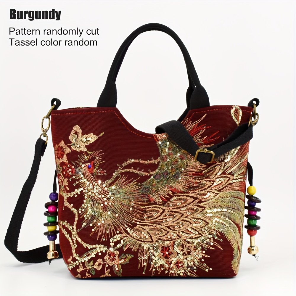 Wo 'S Embroidered Satchel Bag, Fashion Double Handle Purse, Retro Style Handbag with Removable Strap - Image 13