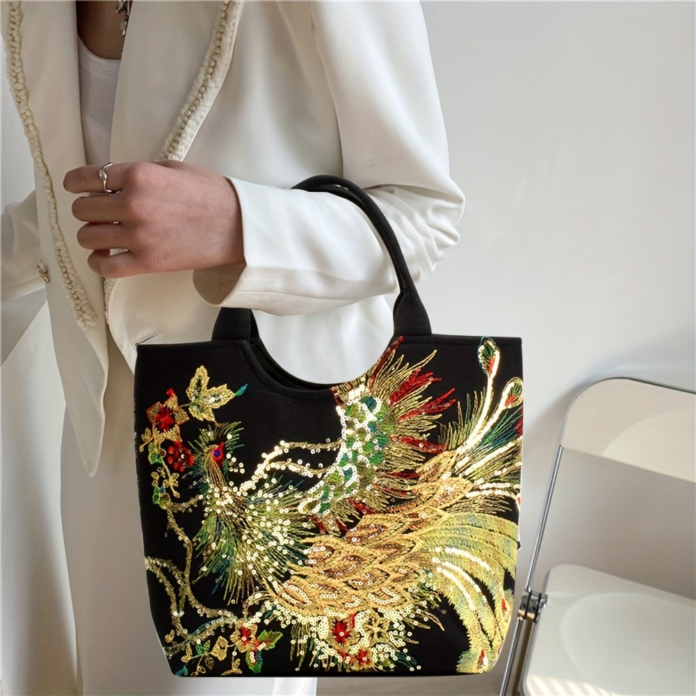 Wo 'S Embroidered Satchel Bag, Fashion Double Handle Purse, Retro Style Handbag with Removable Strap - Image 6