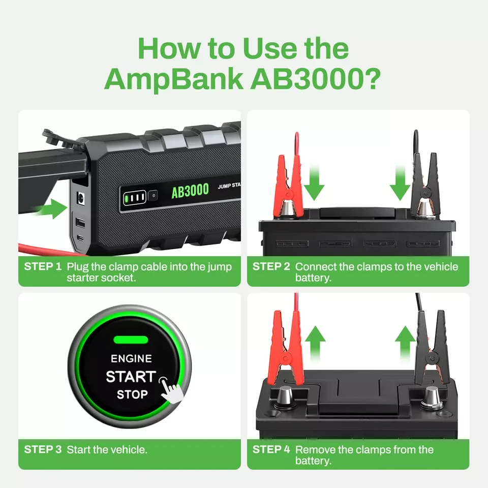 AMPBANK AB3000 12V Car Jump Starter Battery Charger Power Bank Portable 3000A Auto Booster Pack - Image 6