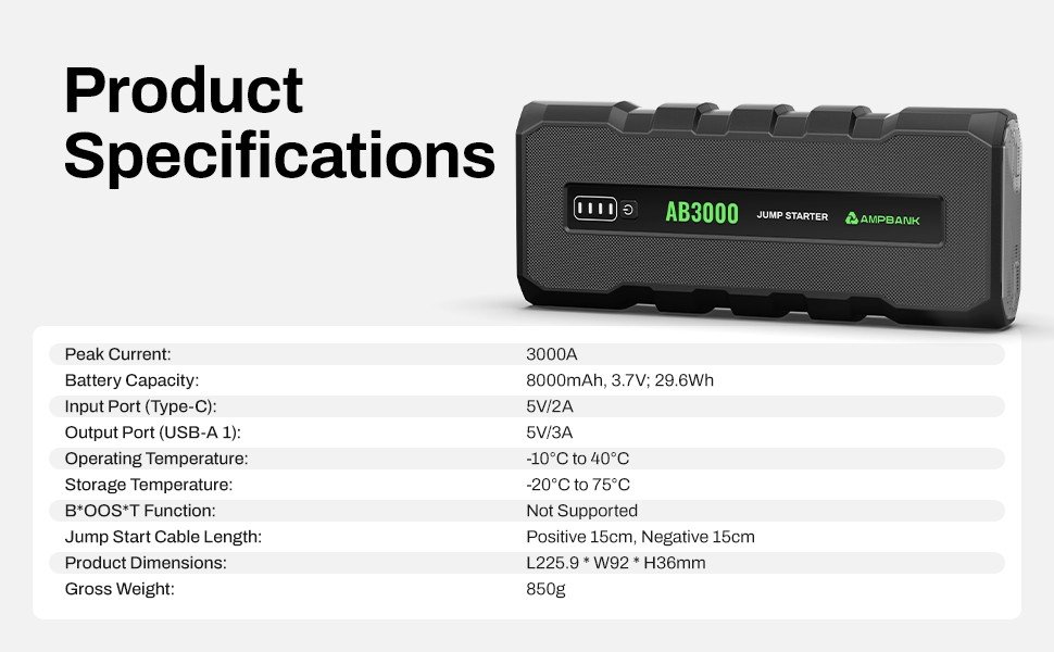 AMPBANK AB3000 12V Car Jump Starter Battery Charger Power Bank Portable 3000A Auto Booster Pack - Image 15